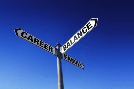 signposts labeled career, balance, and family